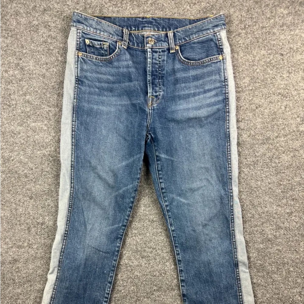 7 For All Mankind Button Fly Cropped Jeans Women's 29 Blue Side Stripe Raw Hem